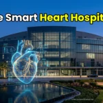 Futuristic exterior of Fakeeh University Hospital in Dubai Silicon Oasis at twilight with a glowing smart heart hologram.