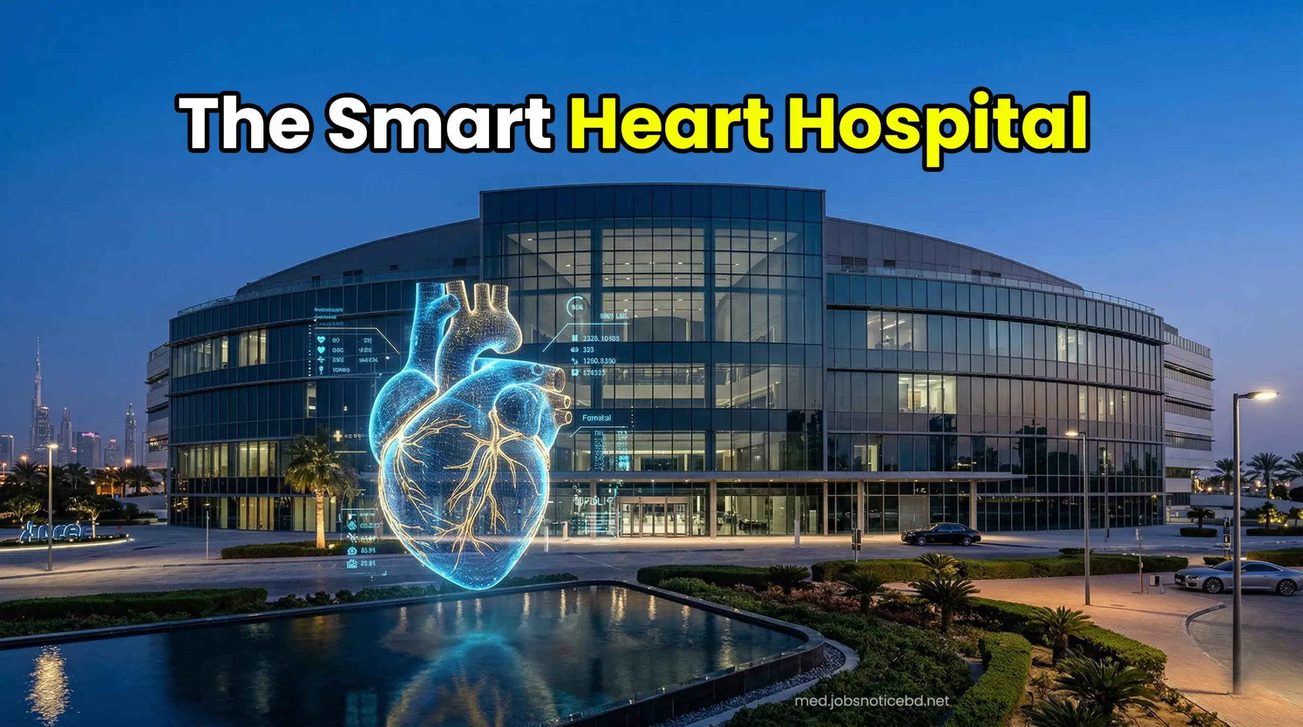 Futuristic exterior of Fakeeh University Hospital in Dubai Silicon Oasis at twilight with a glowing smart heart hologram.