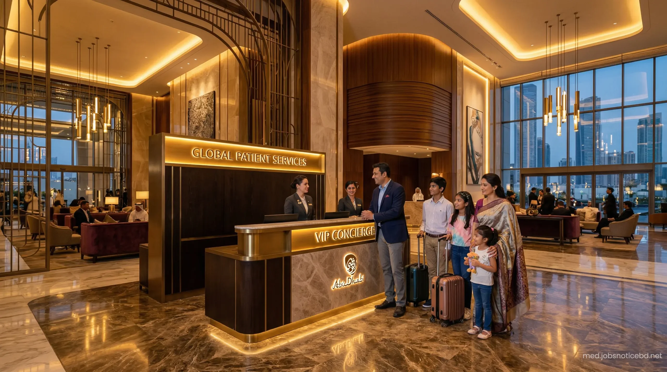 Luxurious international patient concierge desk at an Abu Dhabi premium hospital.