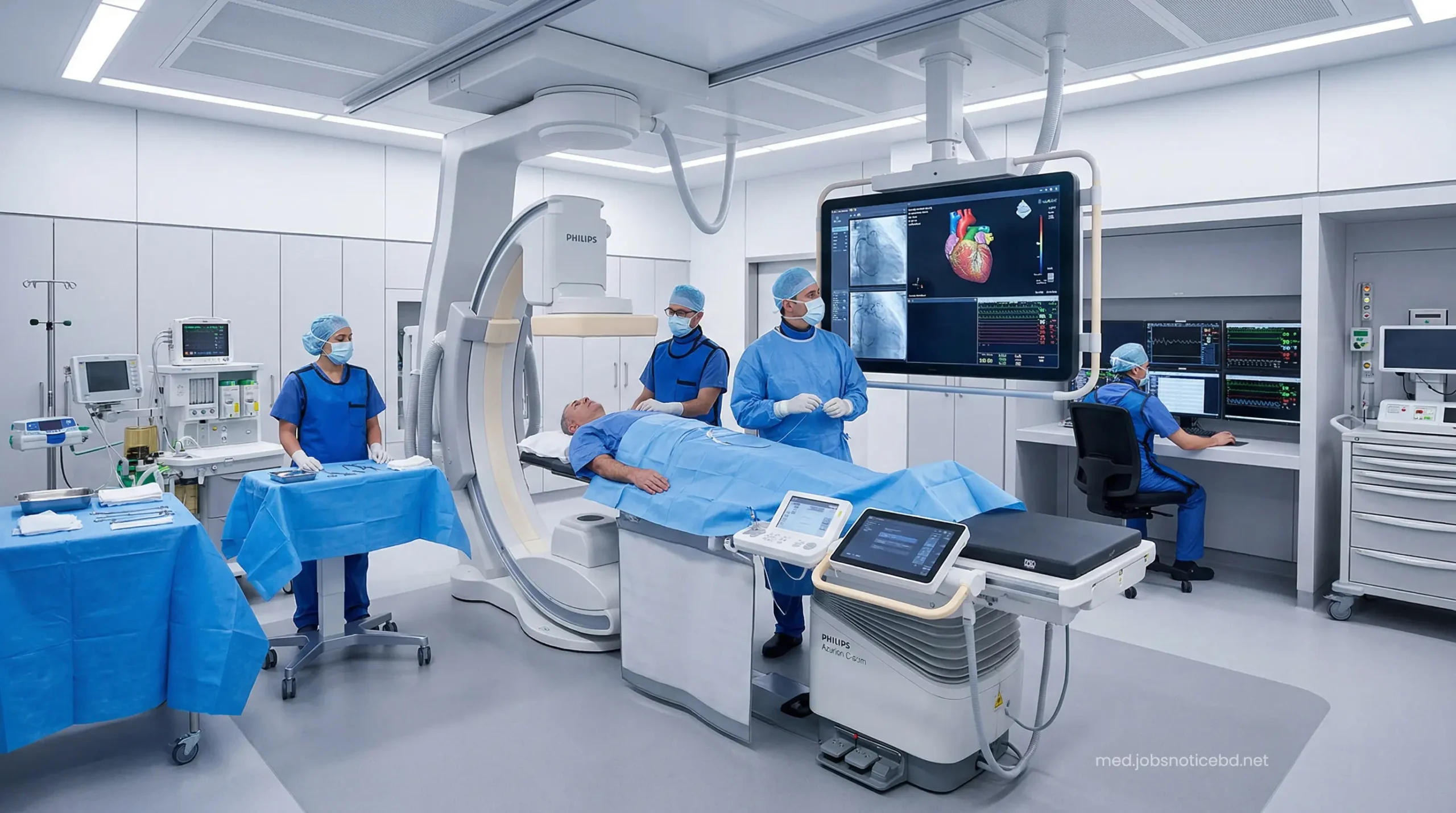 State-of-the-art cardiac catheterization lab equipped with ultra-modern diagnostic and surgical screens.