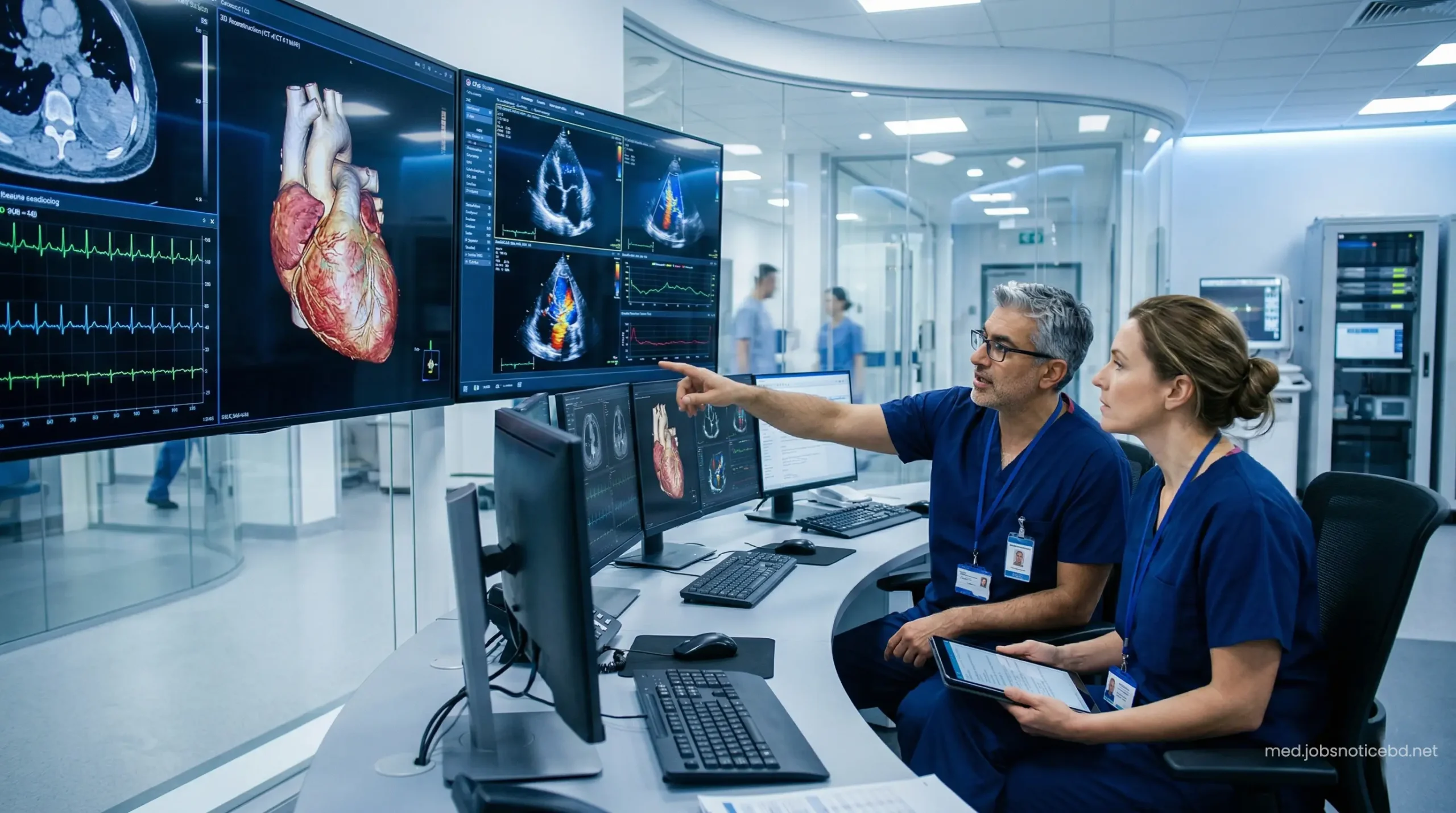 High-tech cardiac diagnostic center featuring advanced imaging screens and a team of British-trained specialists.