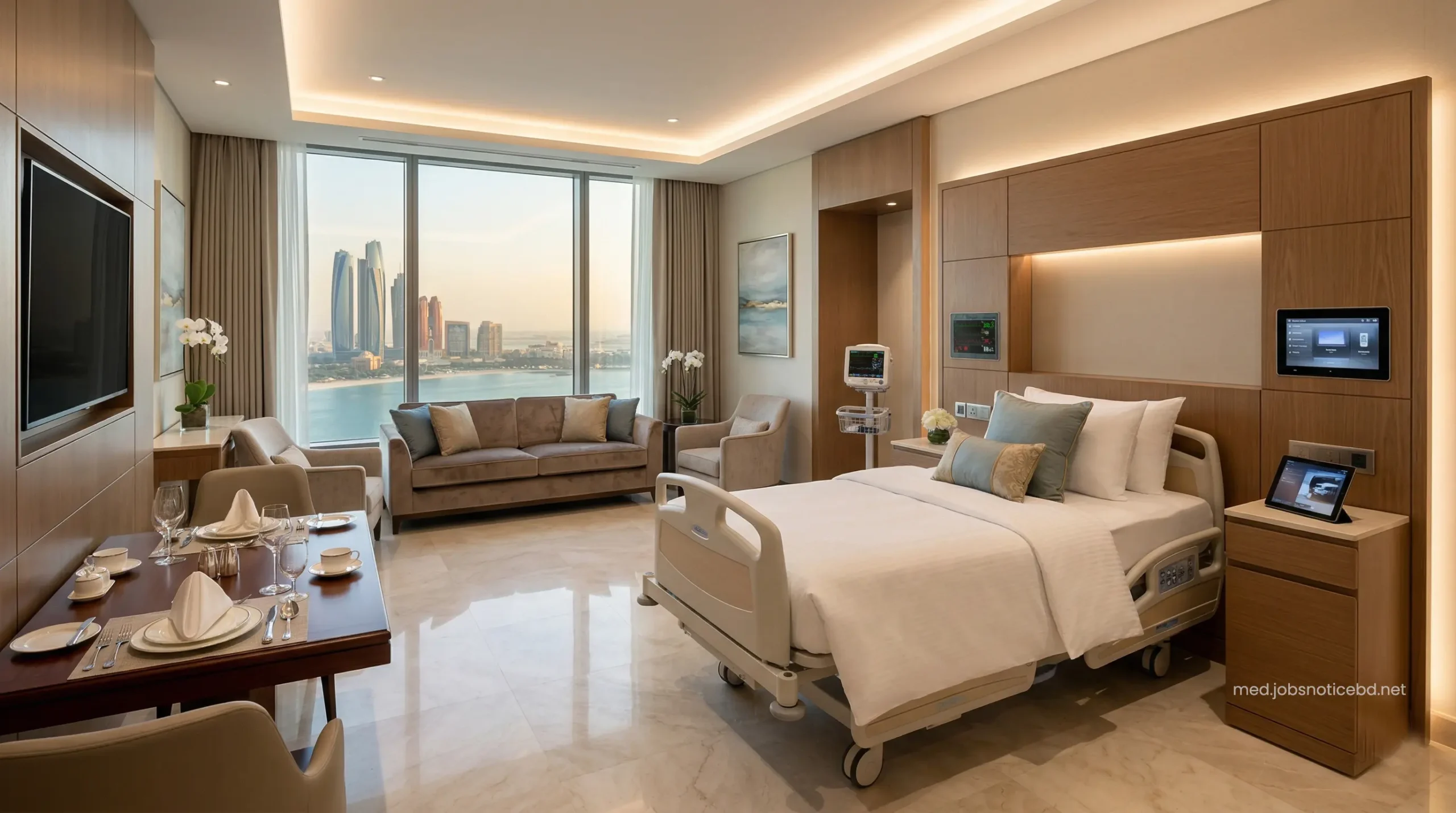 Royal luxury patient recovery suite at Burjeel Hospital featuring premium amenities and gourmet dining.