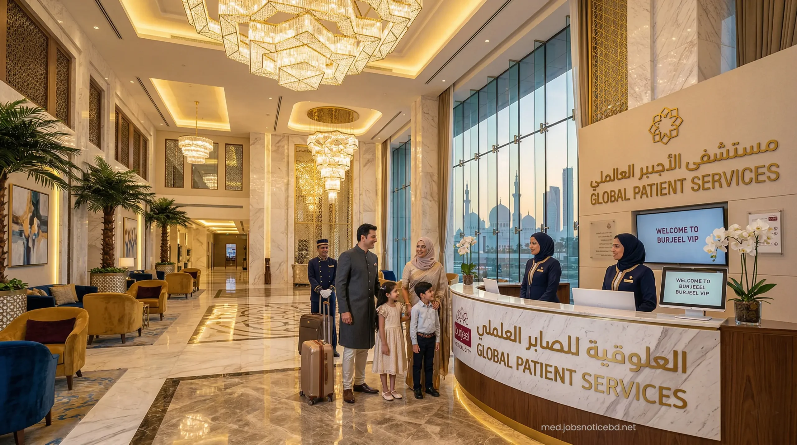Opulent 5-star luxury hospital lobby at Burjeel Hospital with a dedicated international VIP concierge.