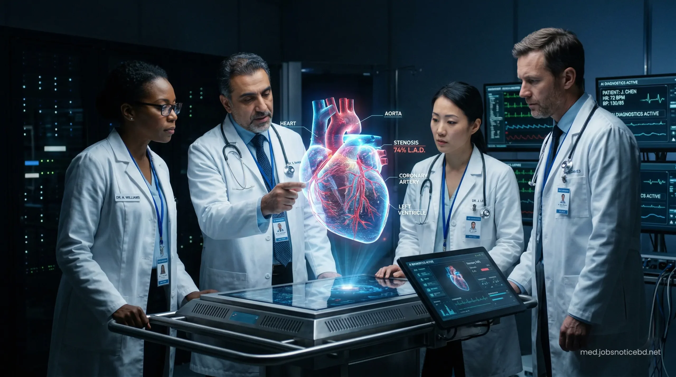 Team of professional cardiologists analyzing a glowing 3D heart hologram in a modern diagnostic lab.