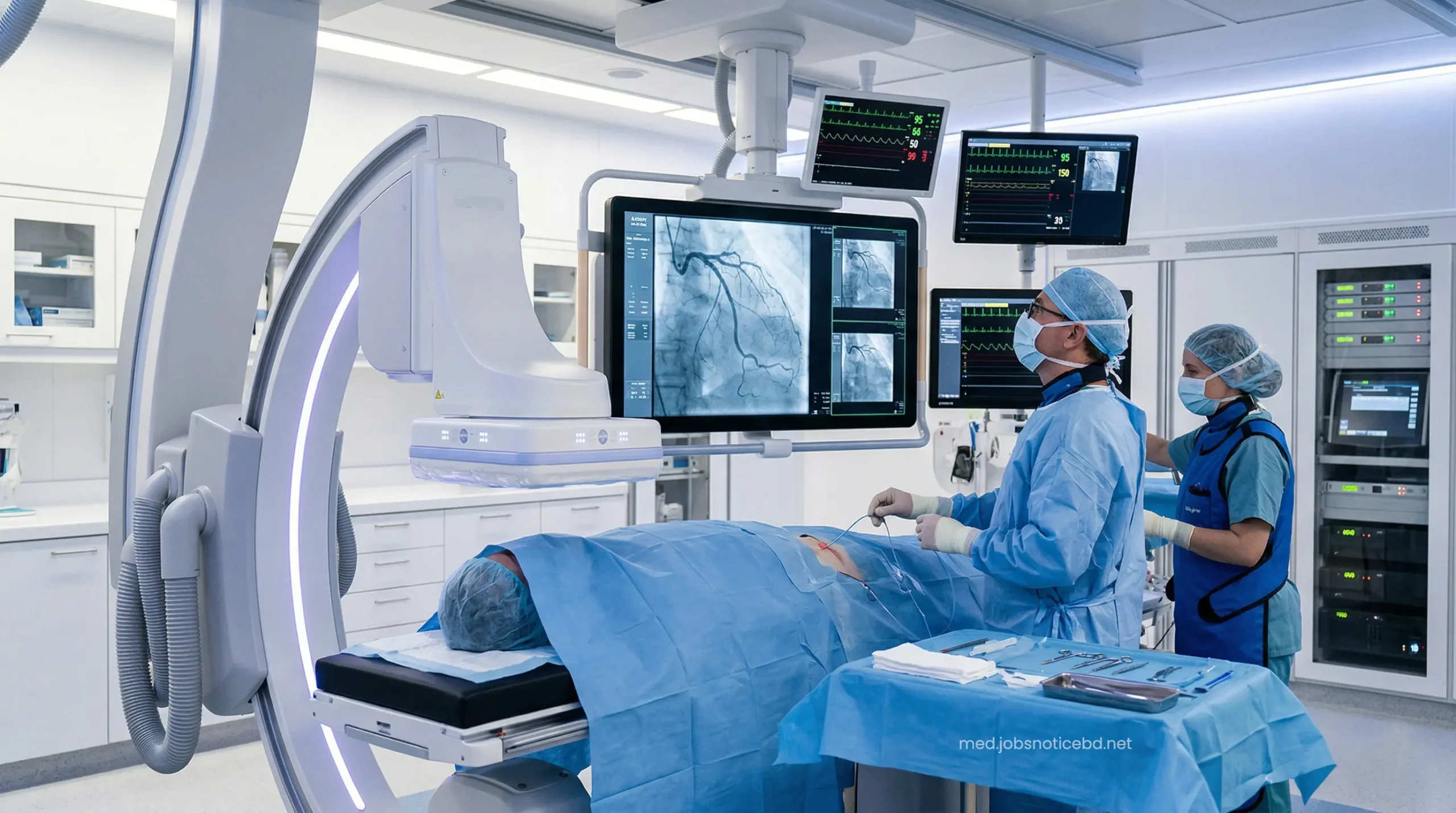 Advanced cardiac catheterization lab during a complex angioplasty procedure.