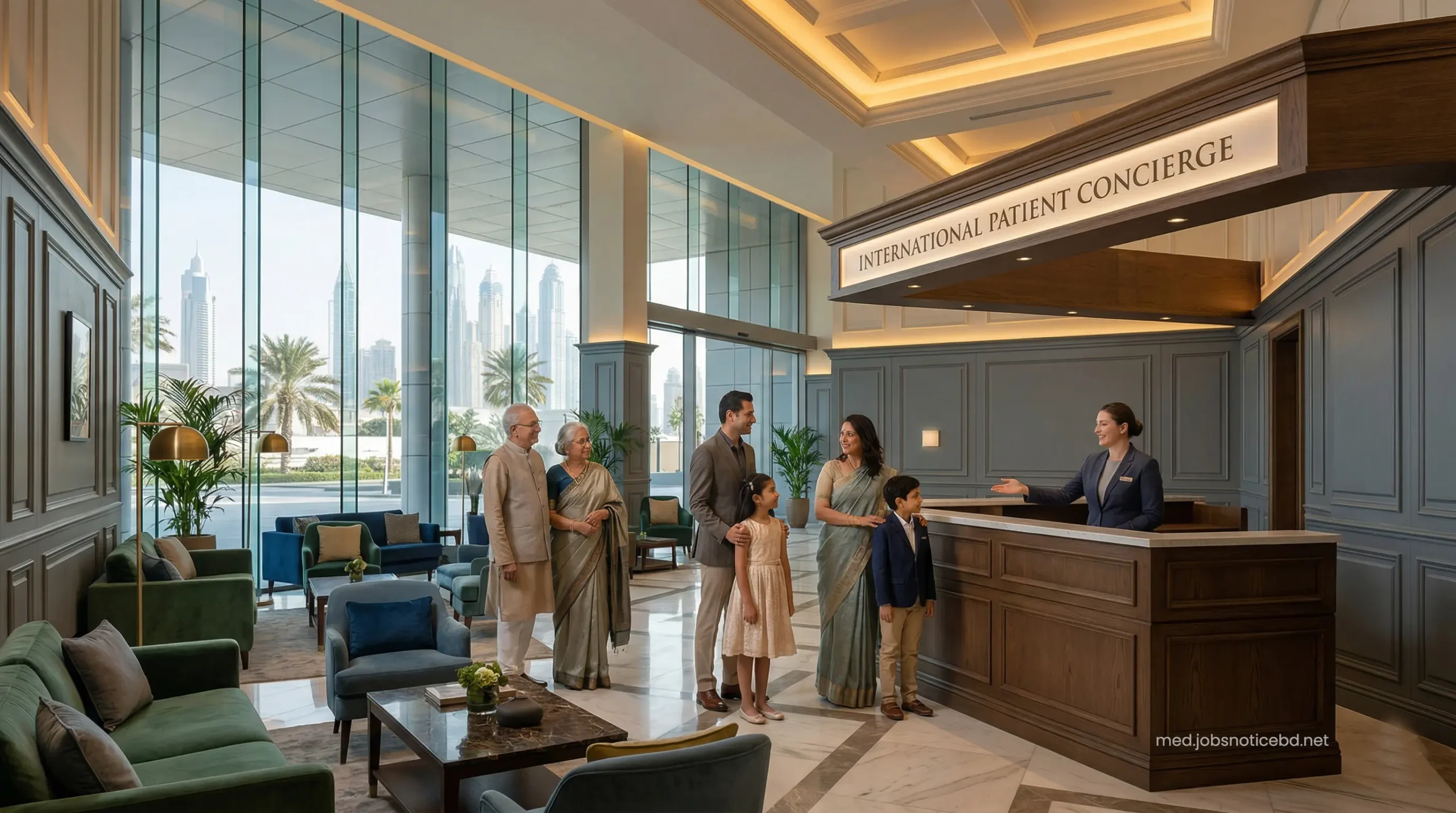 Luxurious, British-inspired VIP patient lobby at King's College Hospital Dubai with an international concierge desk.