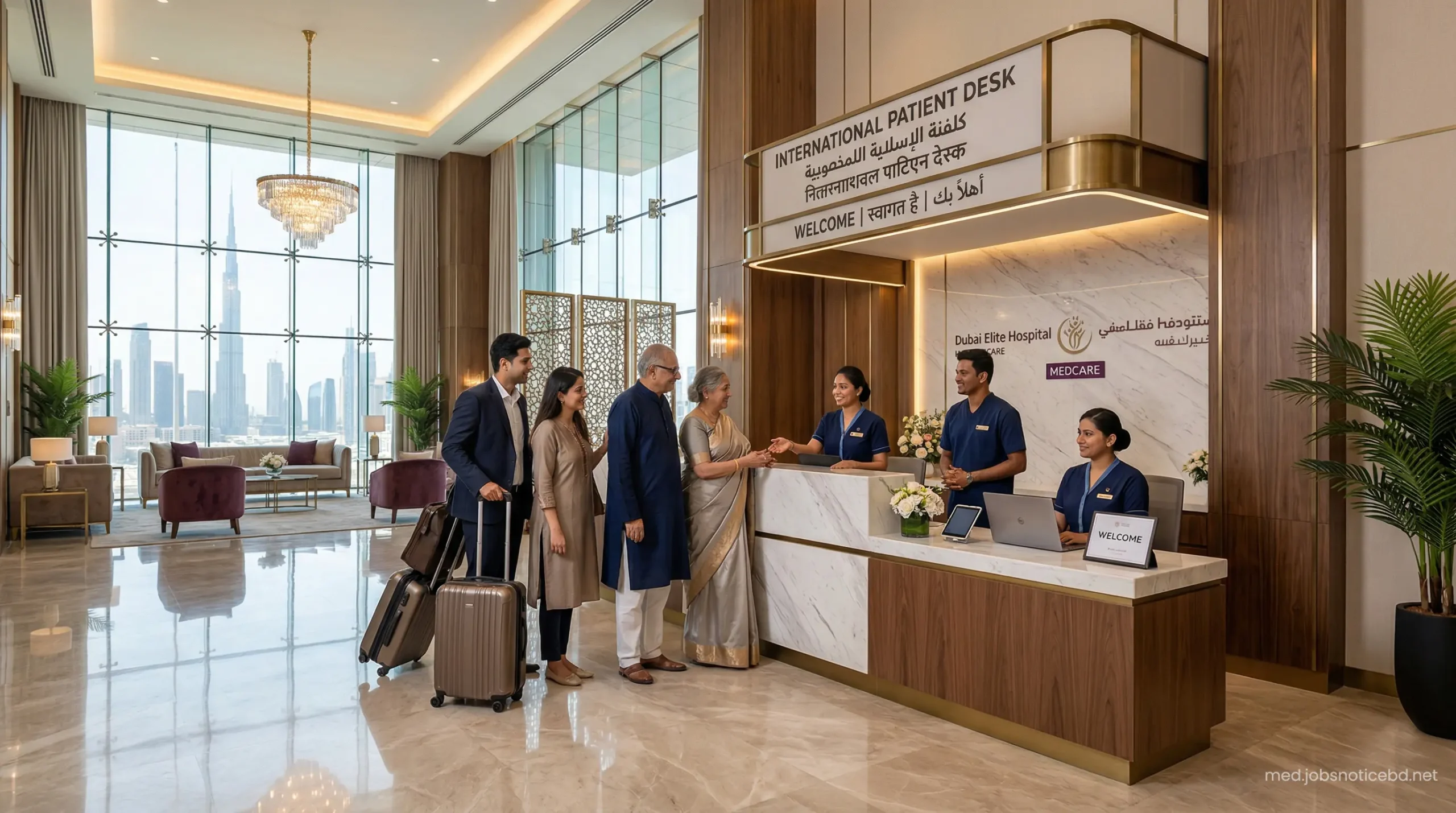 Dedicated international patient desk at Zulekha Hospital Dubai warmly welcoming an Indian family.