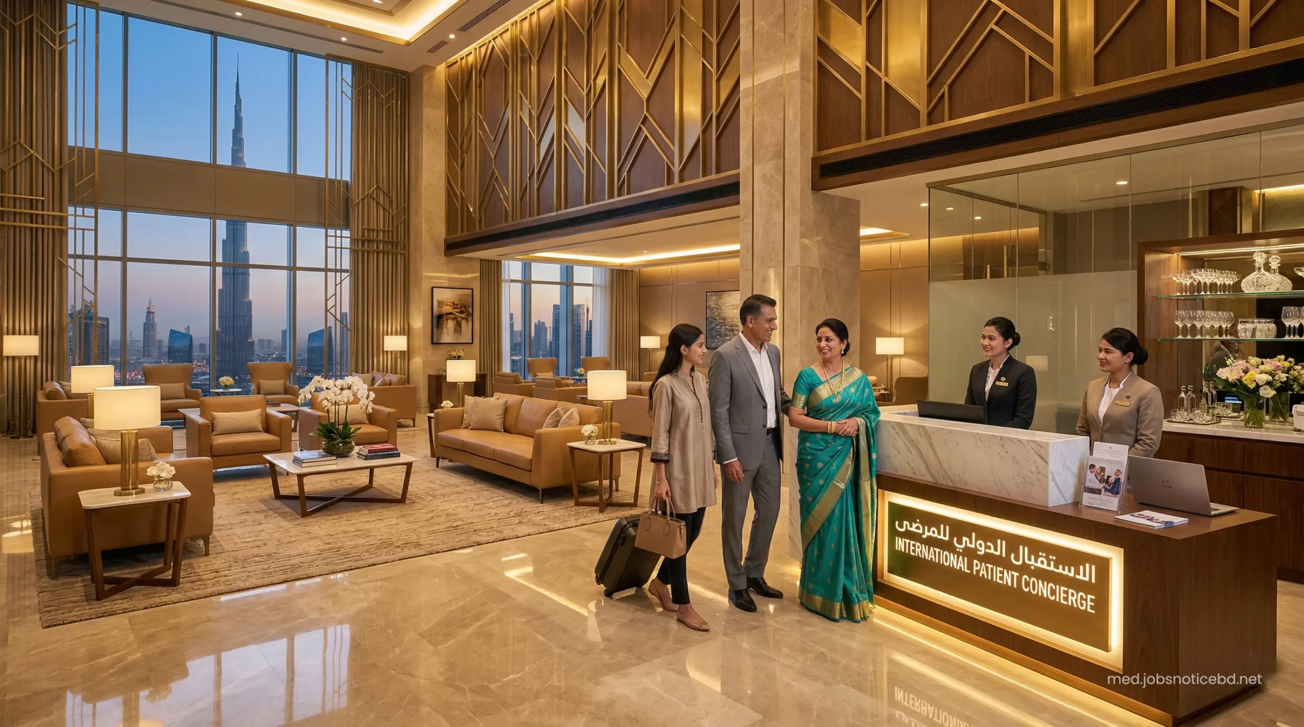 Luxurious VIP welcome lounge at Saudi German Hospital Dubai for international medical tourists.