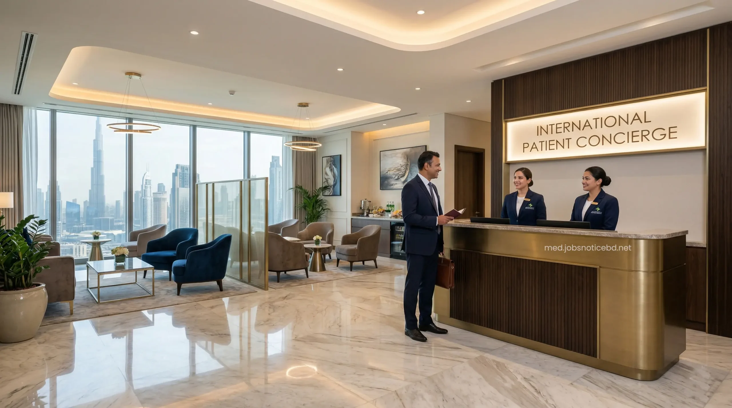 Luxurious international patient VIP concierge desk at American Hospital Dubai.
