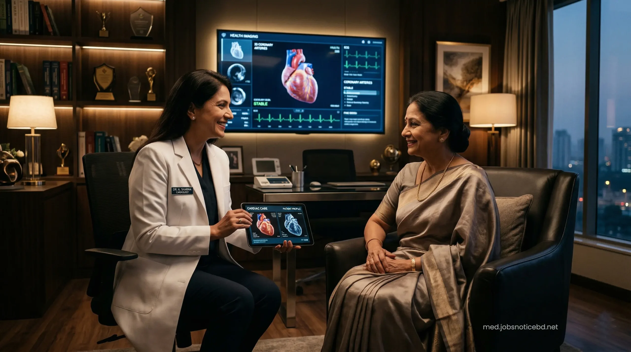 Elite cardiac specialist consulting with a high-net-worth international patient.