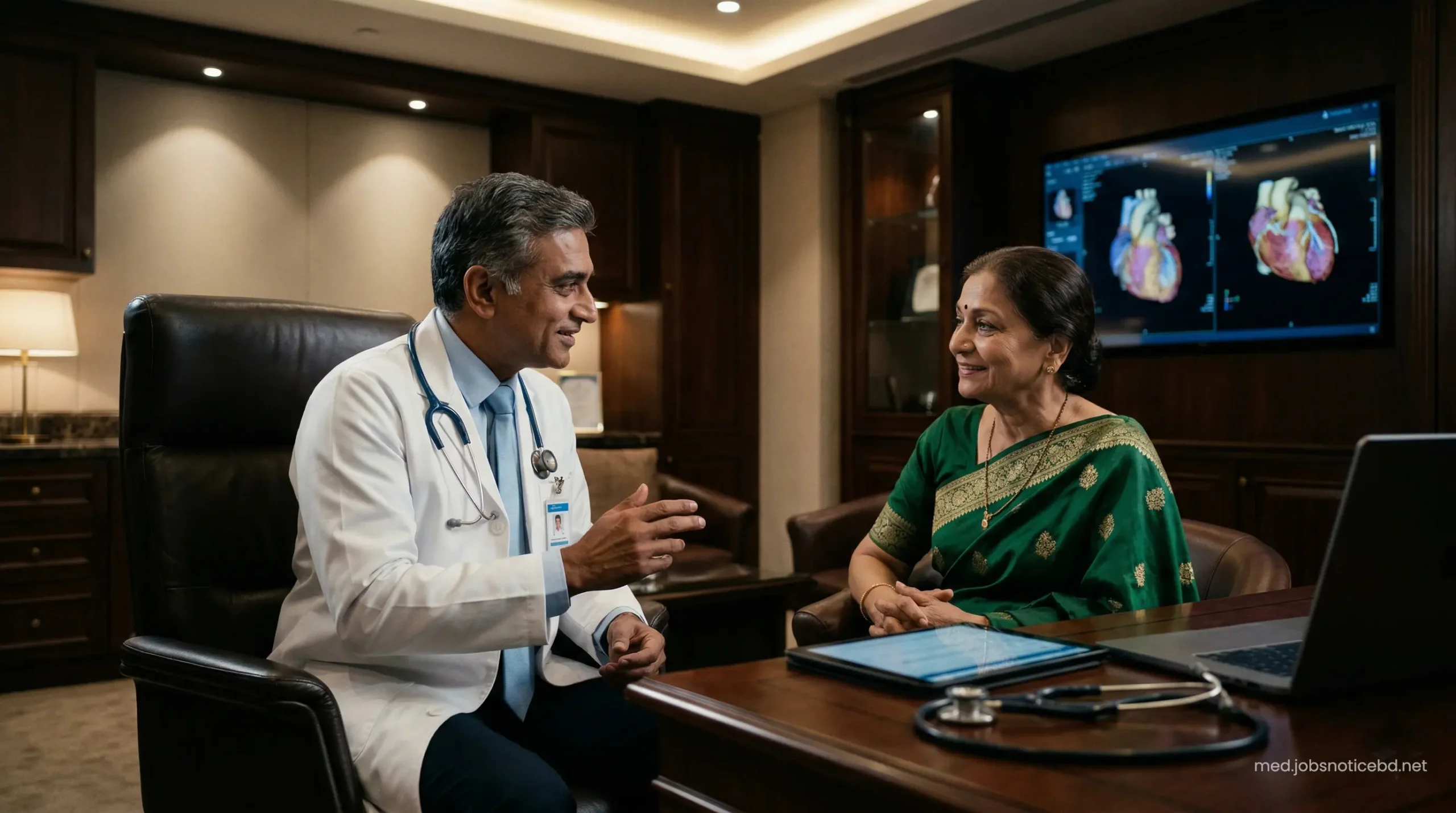 Elite cardiologist consulting with an international patient in a luxurious, modern clinic room.