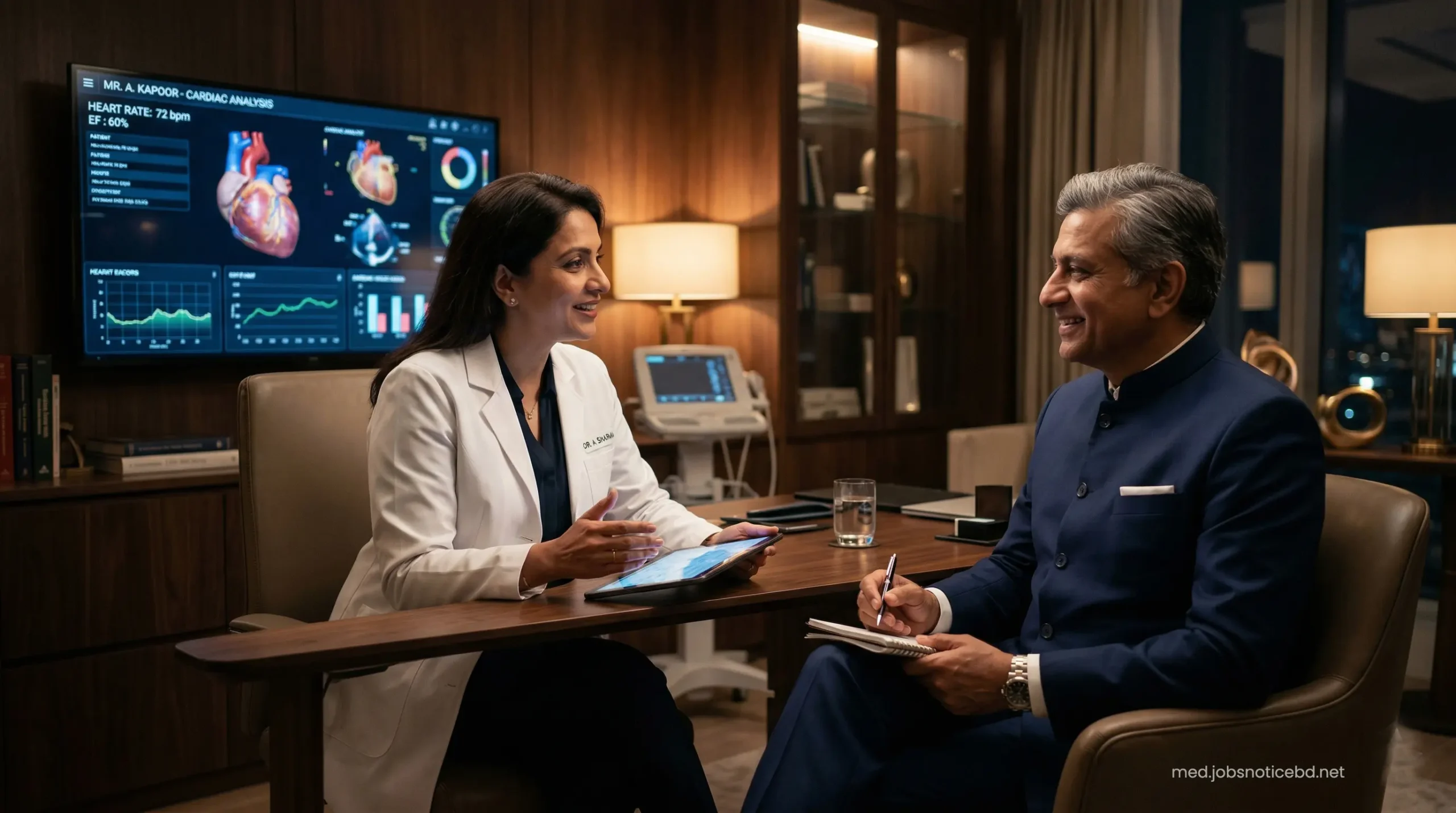Elite cardiac specialist consulting with a high-net-worth international patient in a luxury clinic room.
