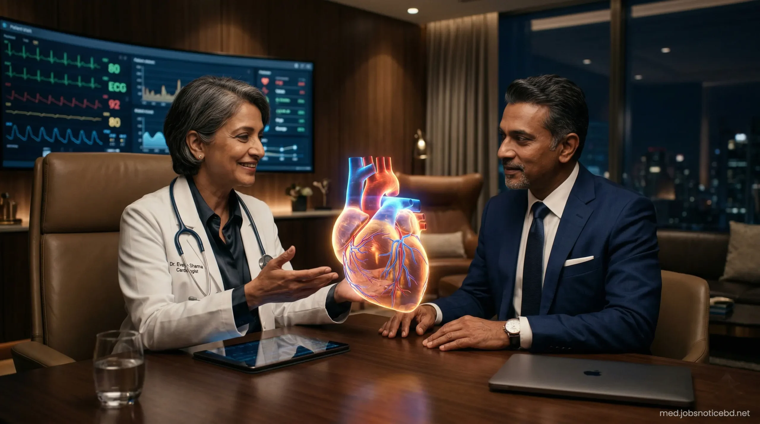 Elite cardiologist explaining a 3D heart model to an international patient in a modern clinic room.