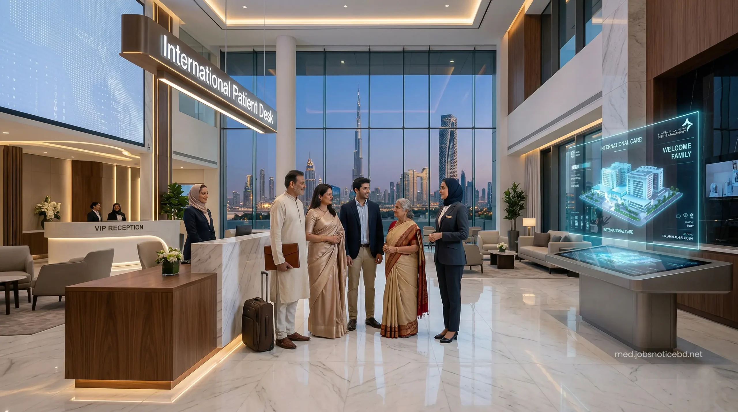 High-tech VIP international patient concierge desk at Fakeeh University Hospital.