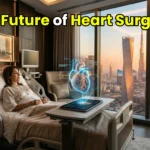Futuristic 7-star luxury hospital recovery suite in Dubai showing advanced holographic heart technology.