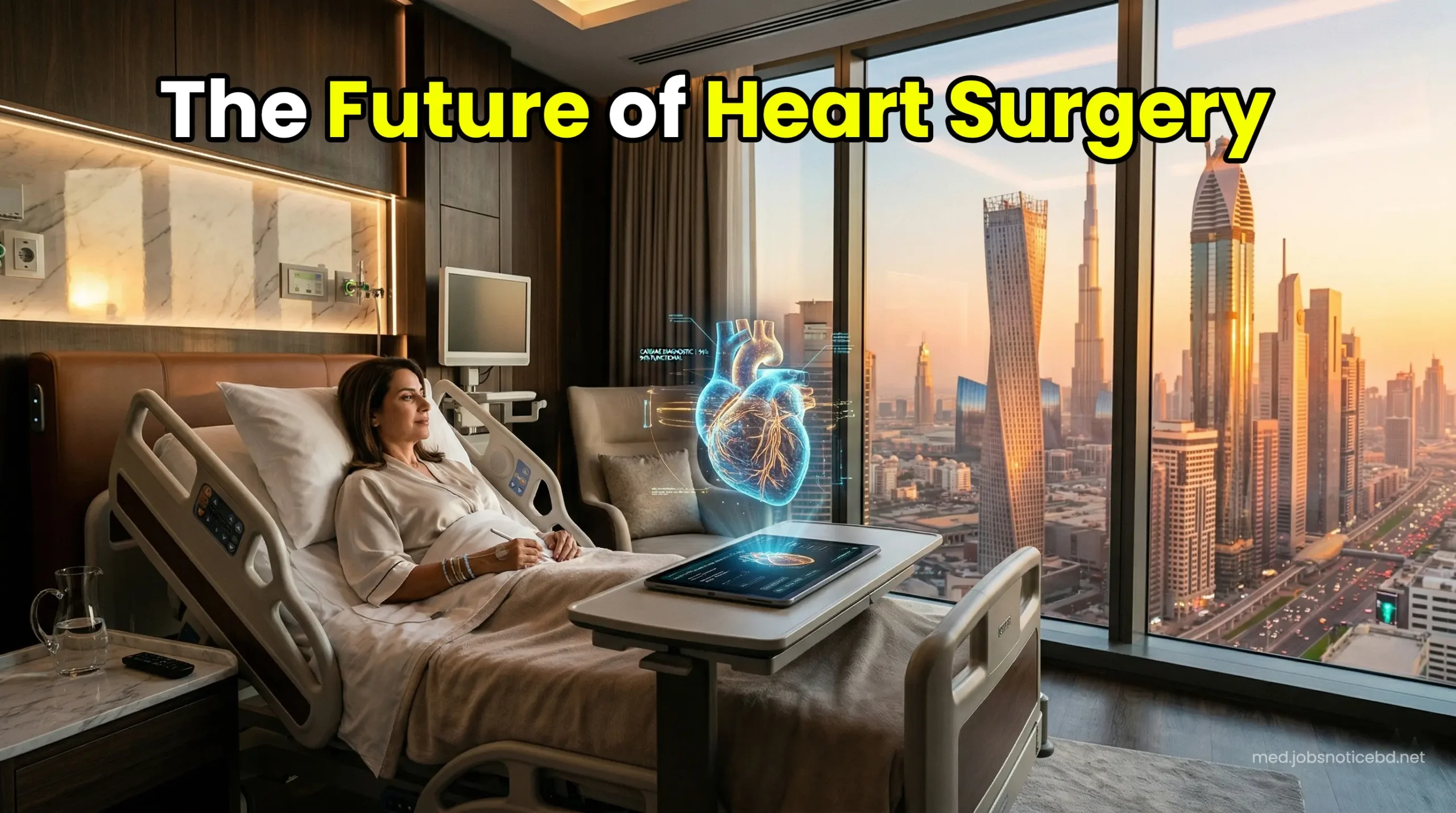 Futuristic 7-star luxury hospital recovery suite in Dubai showing advanced holographic heart technology.