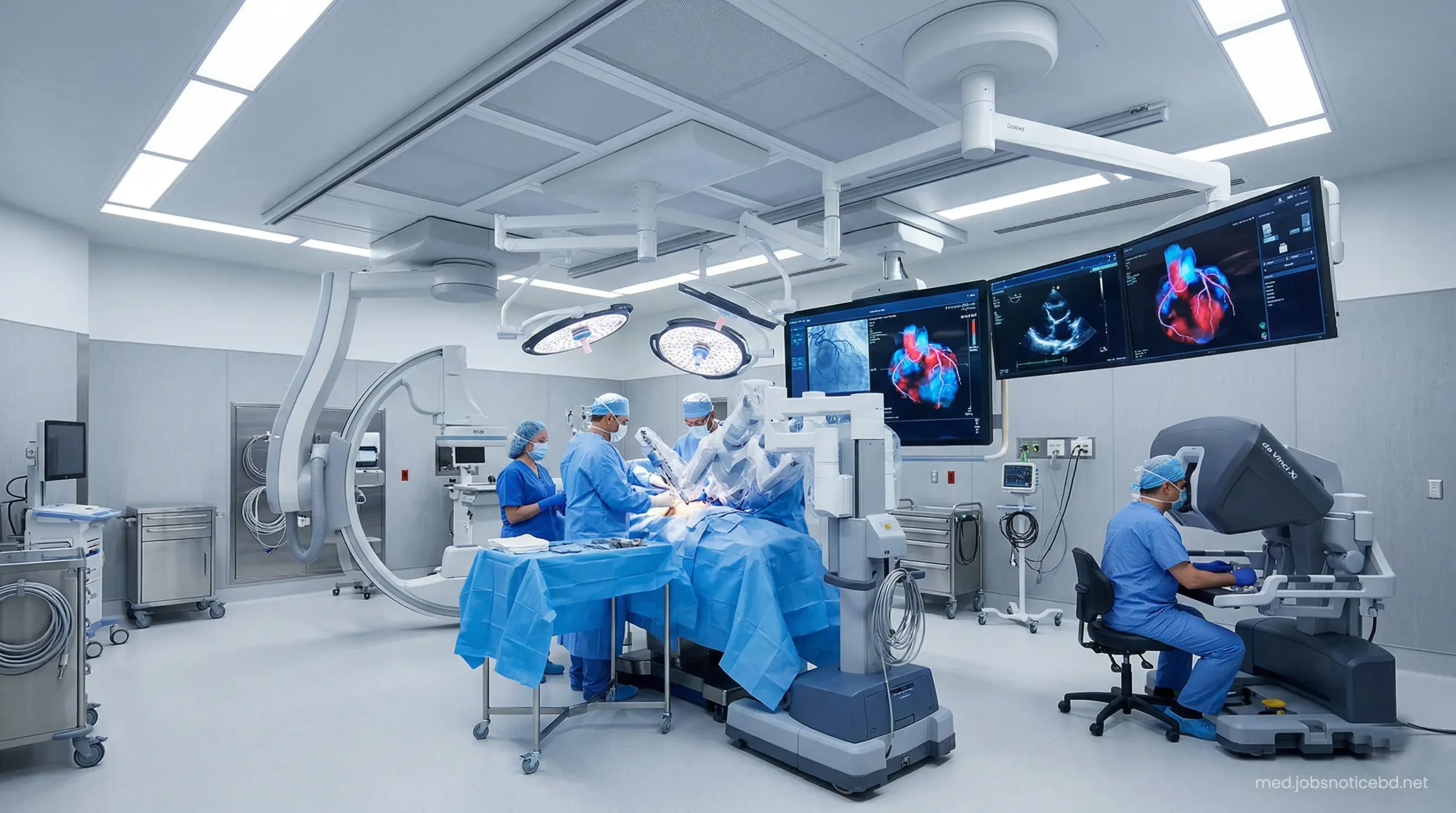 Advanced hybrid operating room equipped with modern robotic cardiovascular surgical tools.