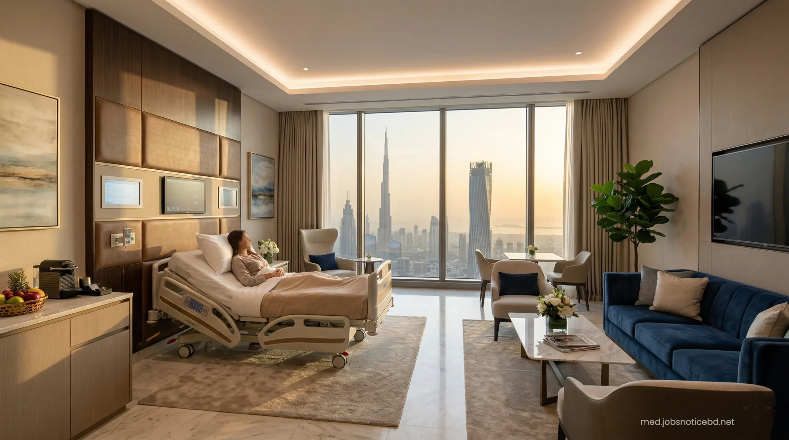 Premium VIP patient recovery suite at King's College Hospital Dubai featuring luxury amenities and absolute privacy.