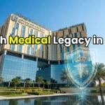 Elegant exterior of King's College Hospital Dubai showcasing modern British architectural influence and a glowing medical shield.