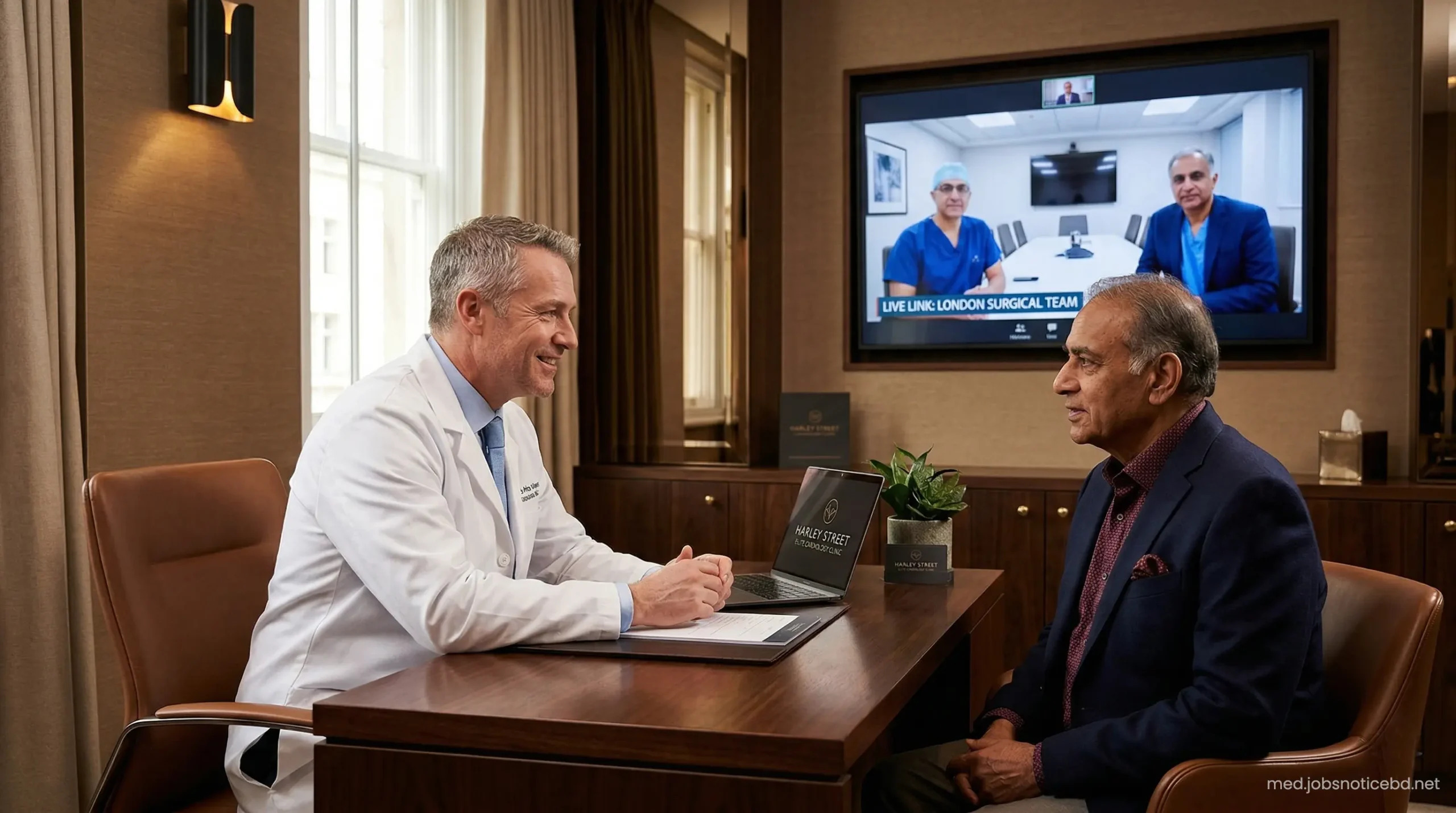 Elite cardiologist in Dubai conducting a joint telemedicine consultation with London experts for an international patient.