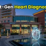 Exterior of Mediclinic City Hospital in Dubai Healthcare City with a futuristic glowing heart hologram.