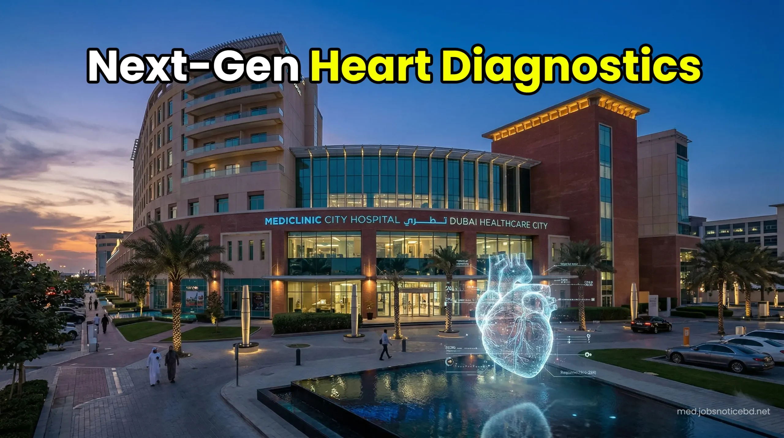 Exterior of Mediclinic City Hospital in Dubai Healthcare City with a futuristic glowing heart hologram.