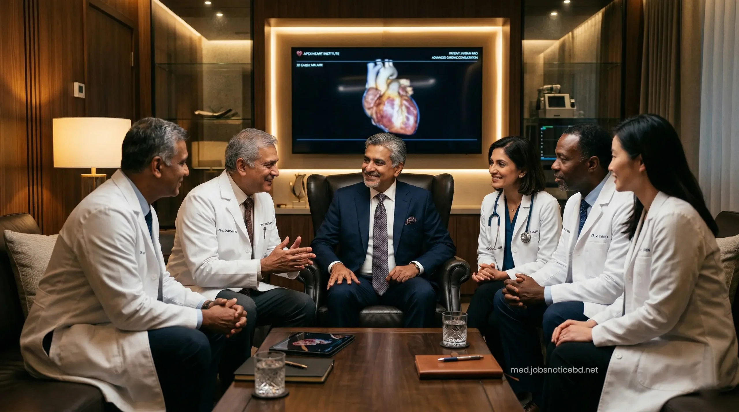 Multidisciplinary cardiac team consulting with a high-net-worth international patient.