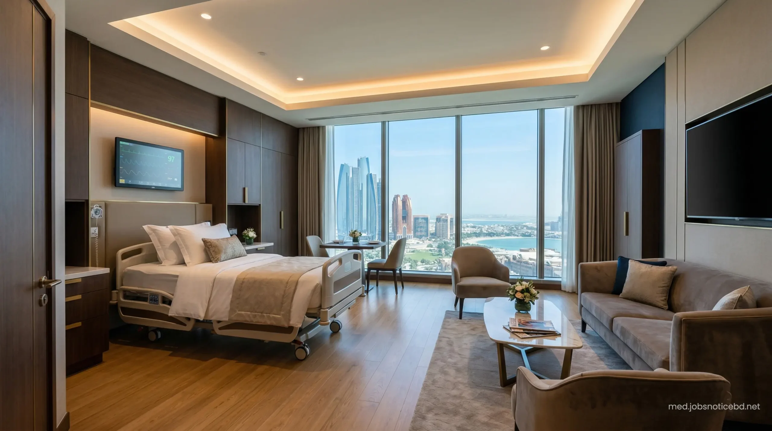 Premium VIP patient recovery suite at NMC Royal Hospital Abu Dhabi featuring luxury amenities.