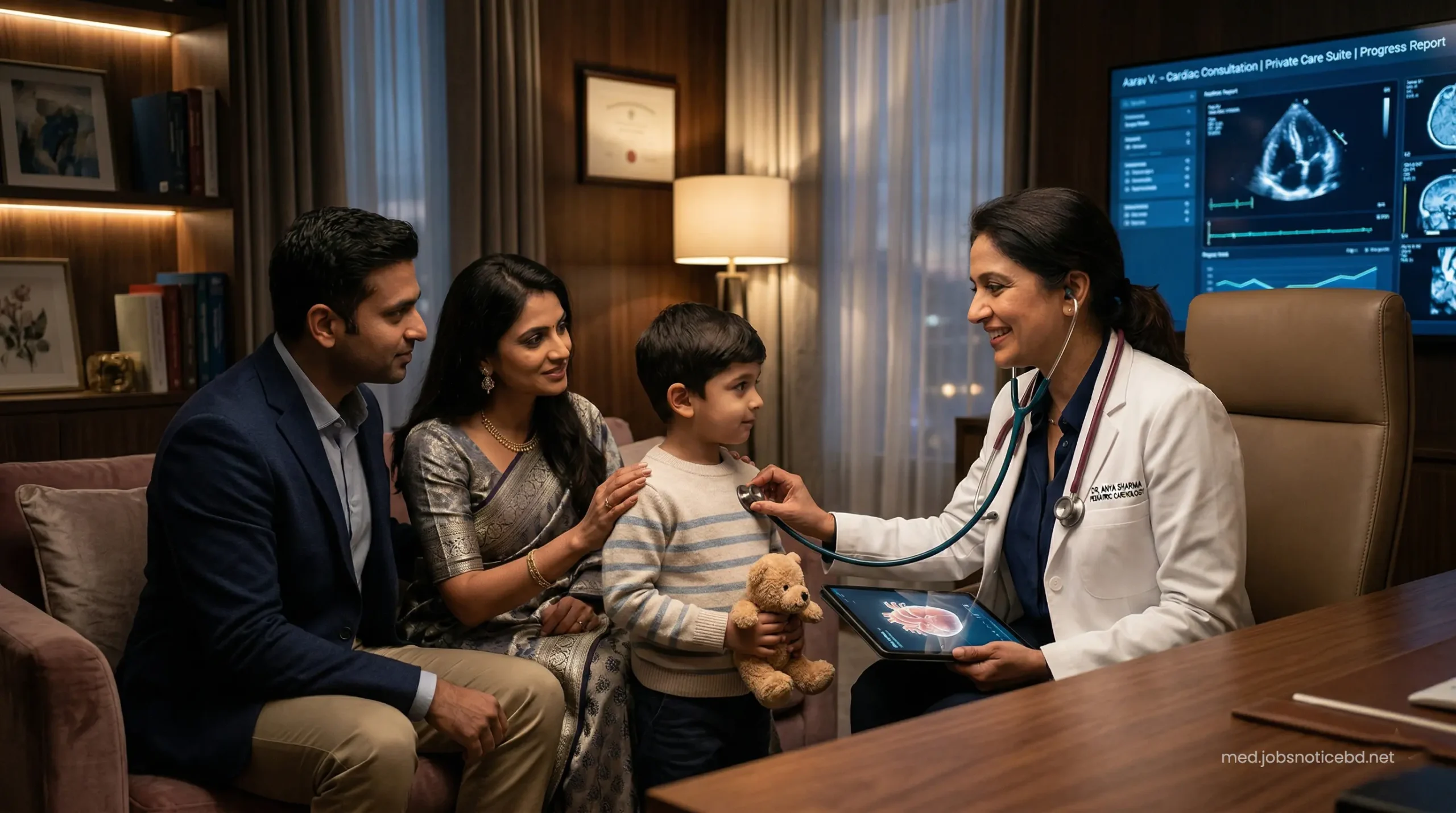 Kind and professional pediatric cardiologist consulting with concerned parents in a premium, warm clinic room.