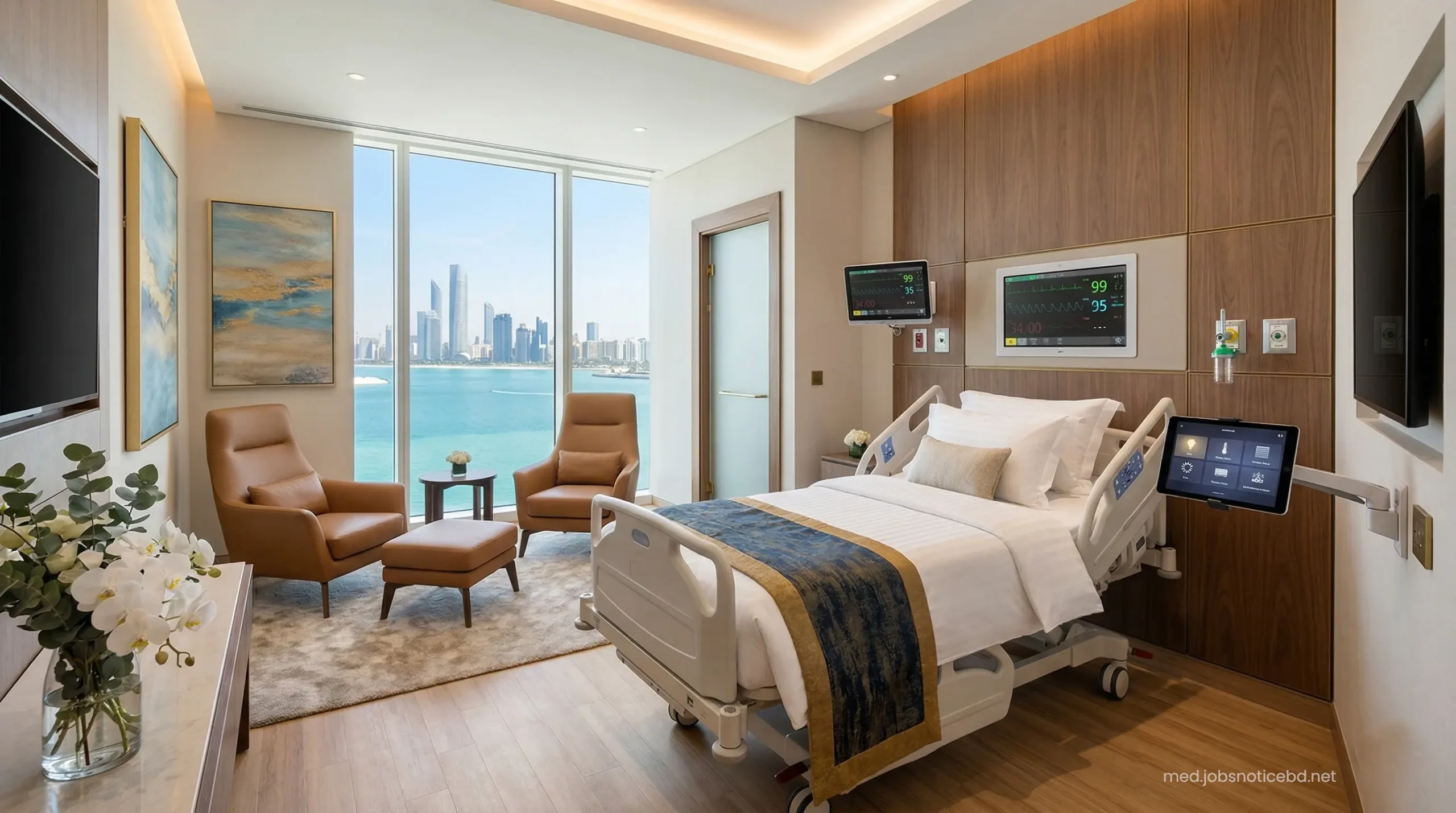 Premium VIP cardiac recovery suite in Abu Dhabi with smart home features and ocean views.