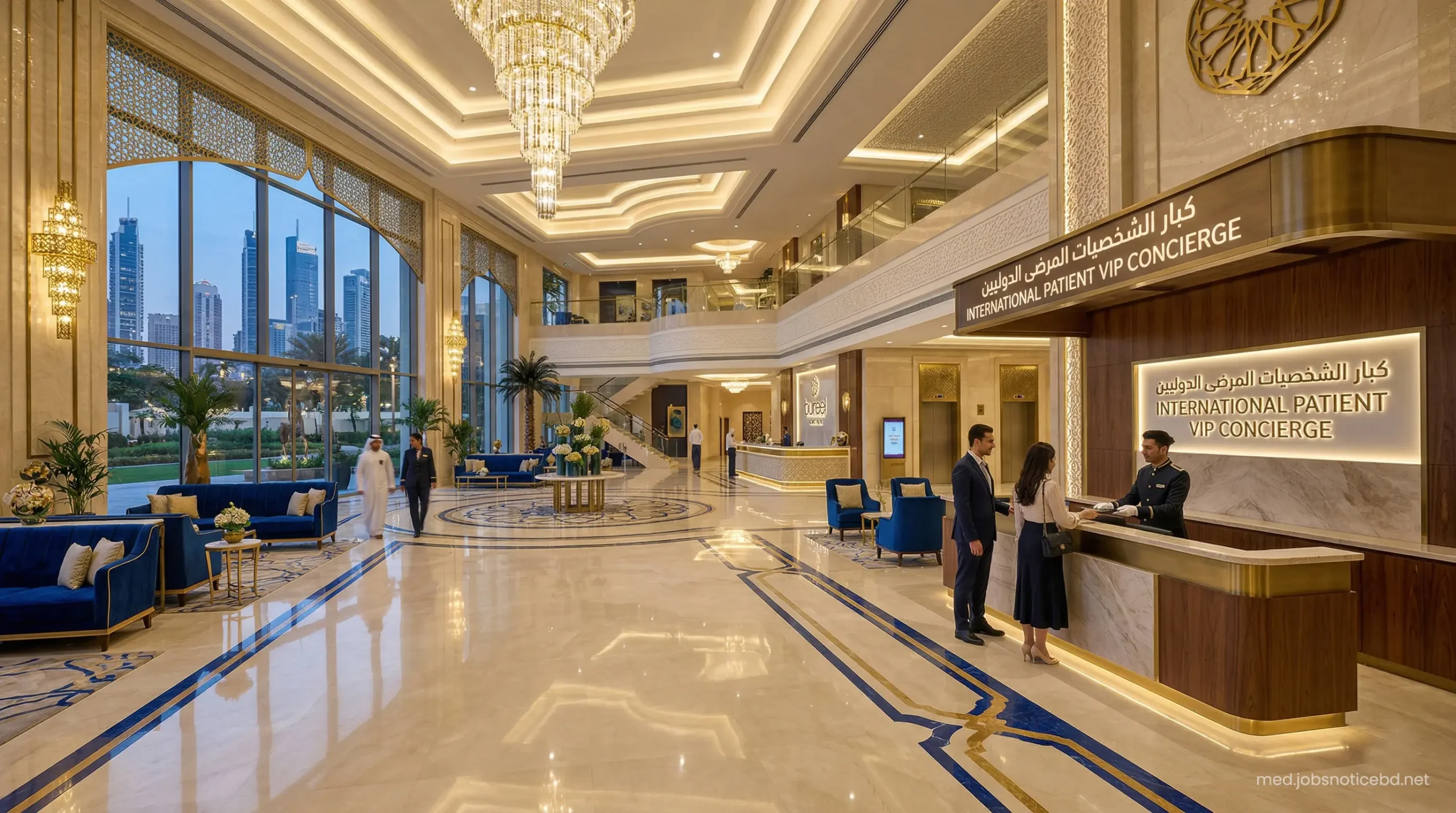 Ultra-modern 5-star luxury hospital lobby in the UAE with international patient VIP concierge.