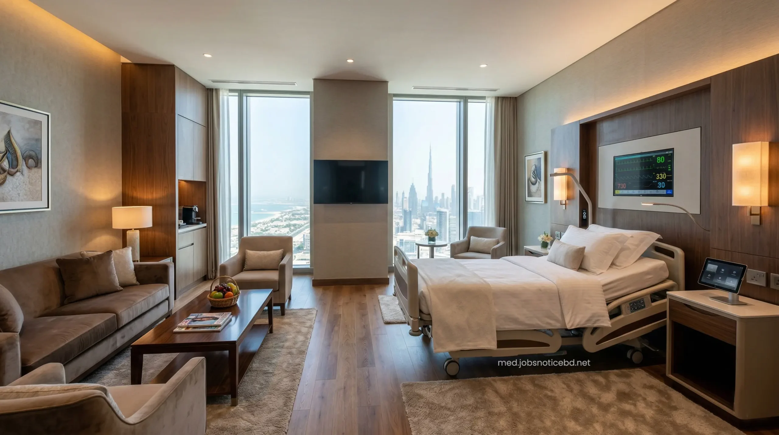 Premium VIP patient recovery suite at Mediclinic City Hospital with luxury hotel amenities.