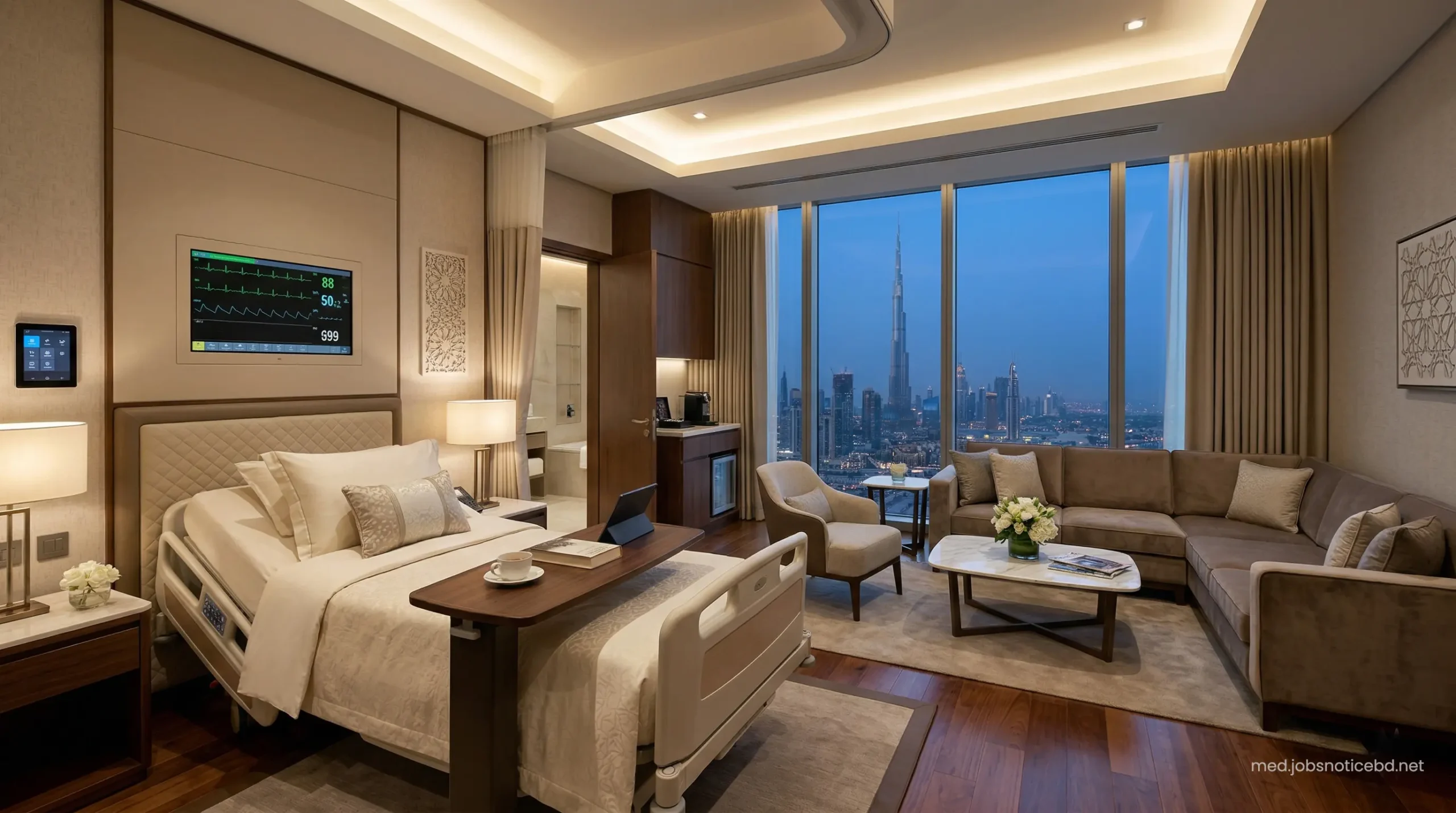 Five-star premium recovery suite at American Hospital Dubai with luxury amenities.