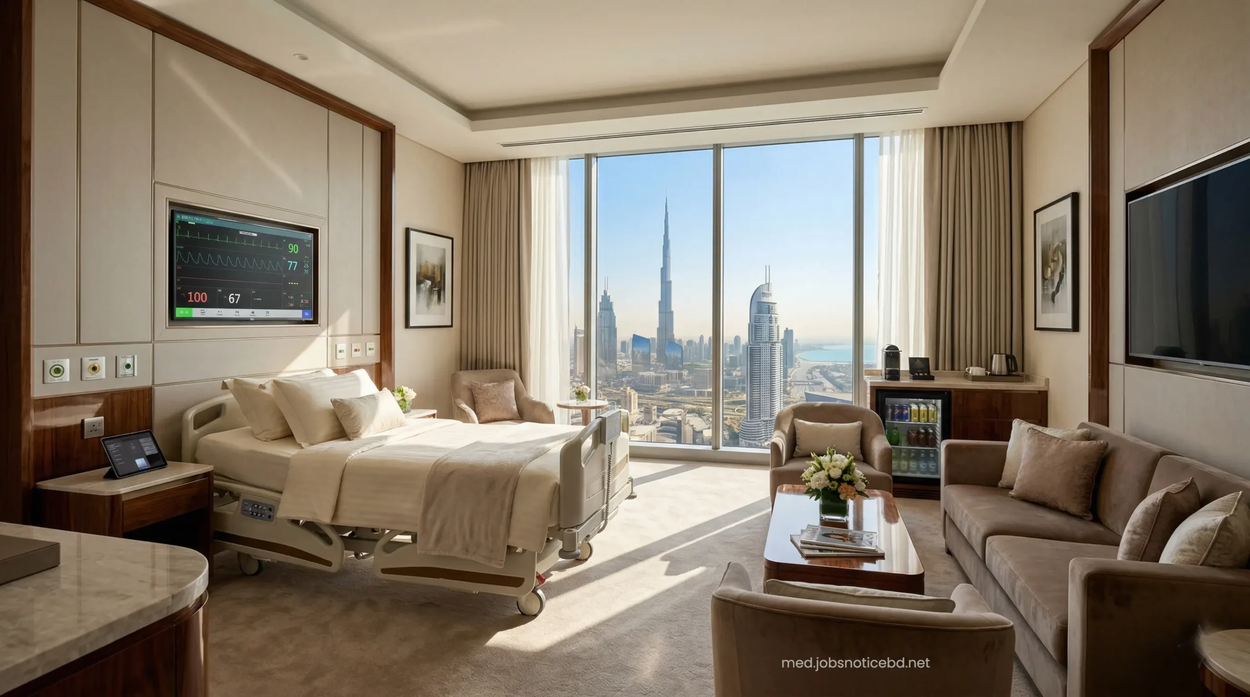 Royal VIP patient recovery suite at a Dubai hospital featuring smart home technology and premium luxury.