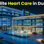 Impressive exterior of Saudi German Hospital Dubai at night, glowing with modern architectural lights representing elite healthcare.