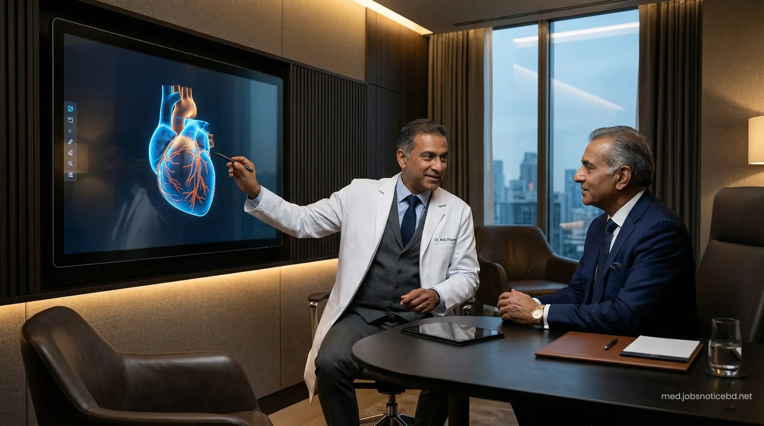 Elite cardiologist using a smart glass display to explain a cardiac procedure to an international patient.