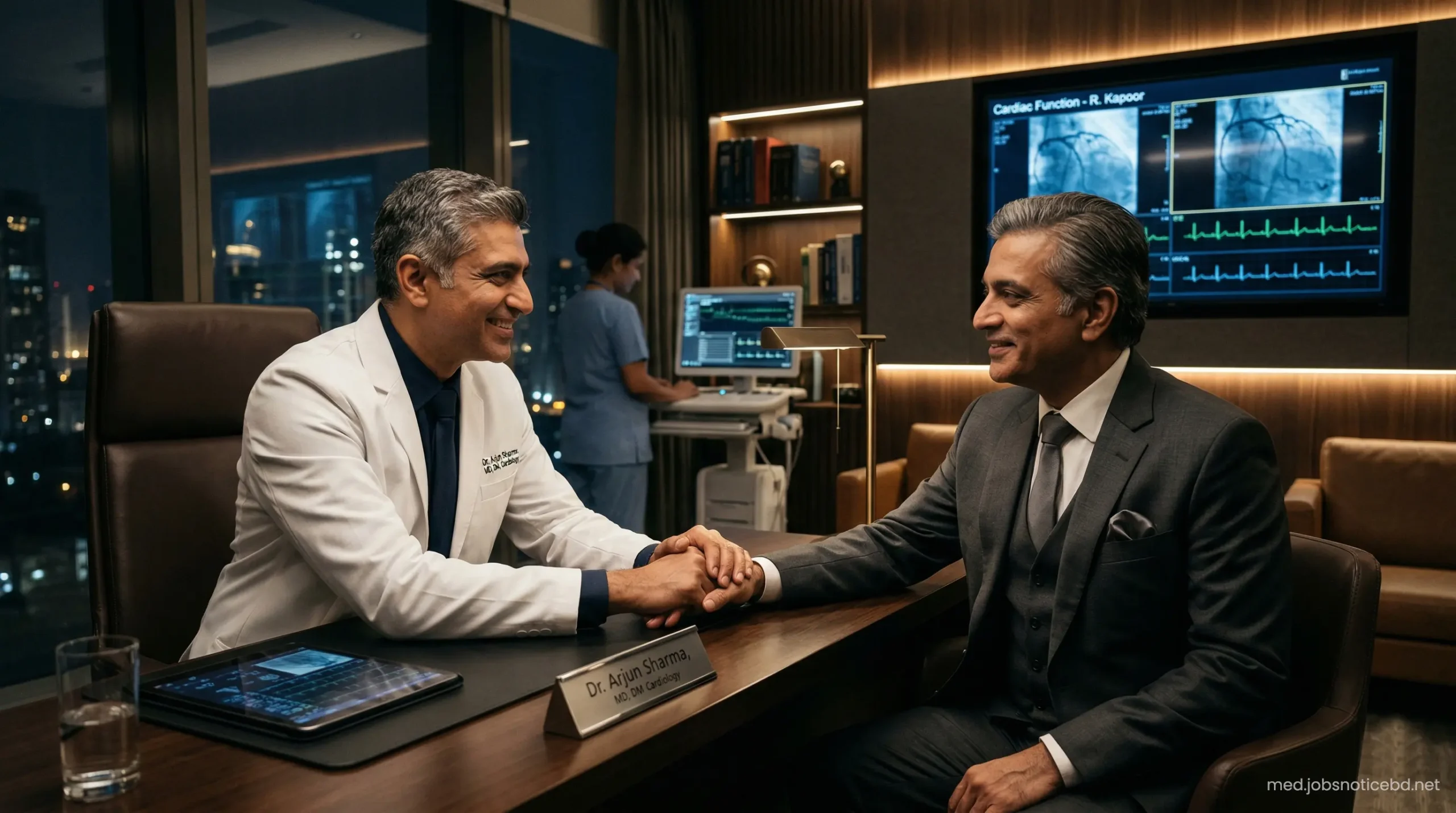 Elite South Asian cardiologist consulting with a high-net-worth patient in a luxurious clinic room at Zulekha Hospital.