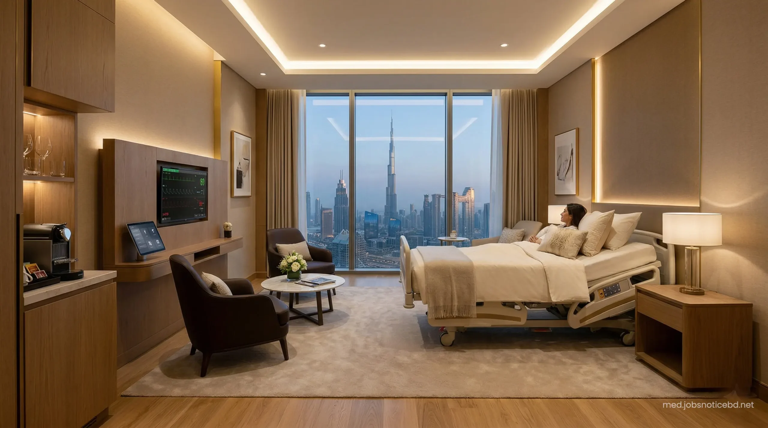 Luxurious VIP patient recovery room in a Dubai hospital with premium amenities and Burj Khalifa view.