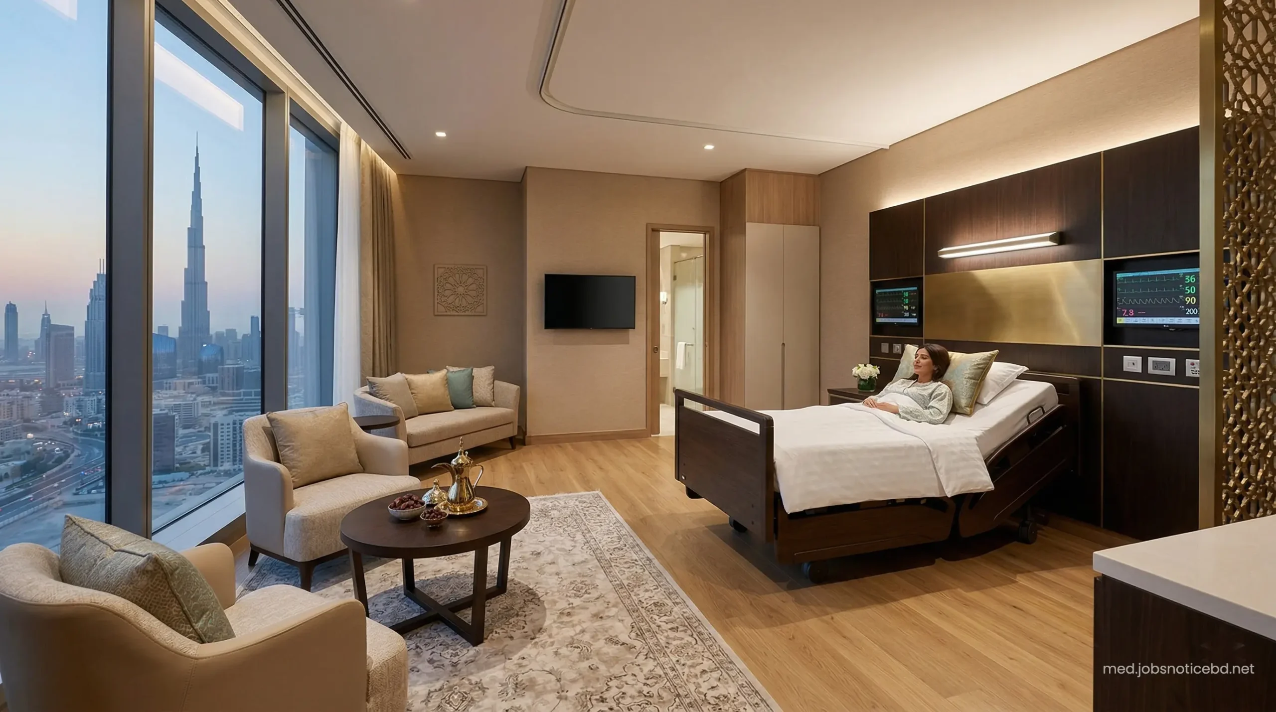 Premium VIP patient recovery room at Zulekha Hospital Dubai featuring luxury amenities and cultural comforts.